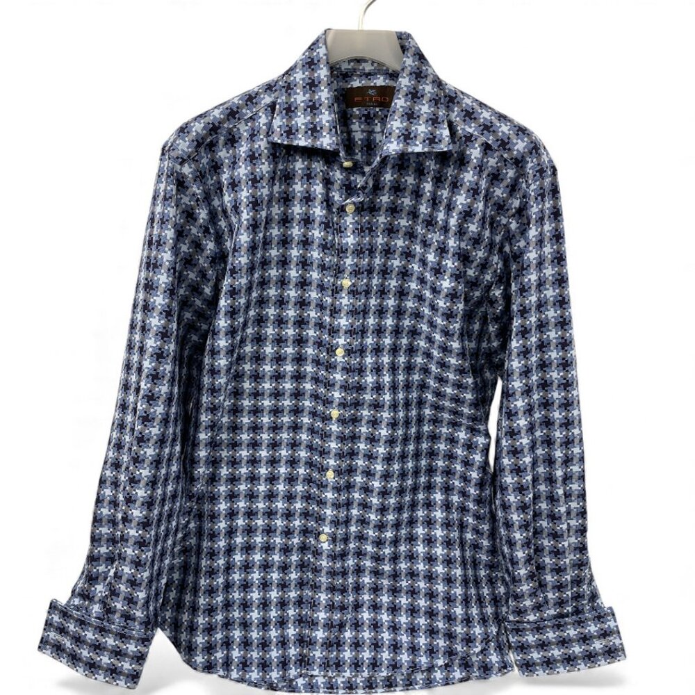 Etro Milano Blue Grey Houndstooth French Cuff Long Sleeve Button Shirt Men's L